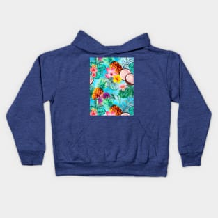 tropical pineapple exotic botanical illustration with floral tropical fruits, blue aqua fruit pattern over a Kids Hoodie